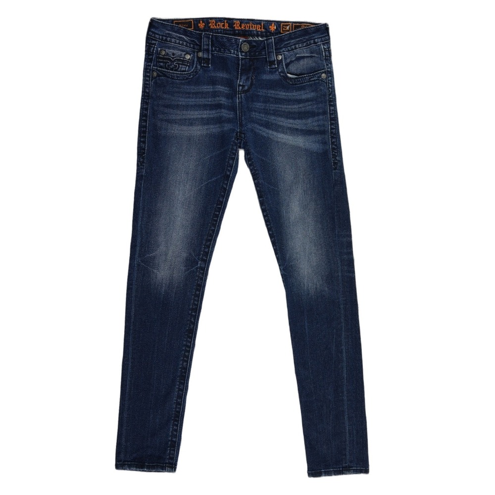 Rock Revival Slim Straight Jeans Men's Size 28x30 Dark Blue Fleur De Lis Vintage